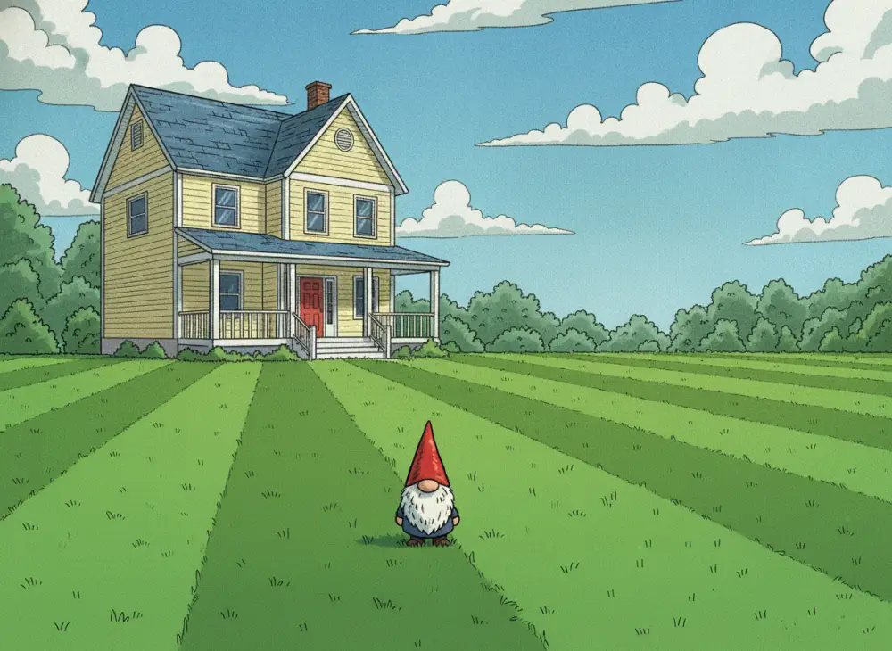The same lawn after mowing: short, freshly striped grass.
