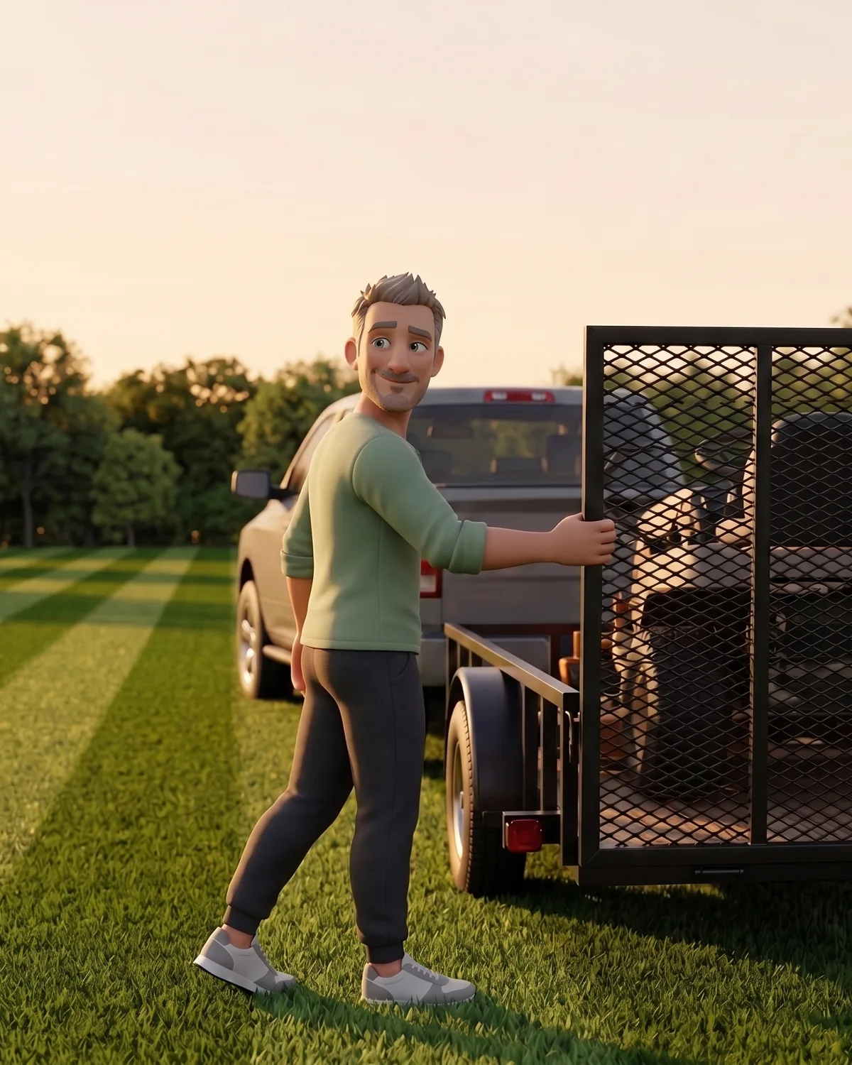 A lawn care operator swinging his trailer gate shut at the end of the day, the lawn he just cut striped behind him.
