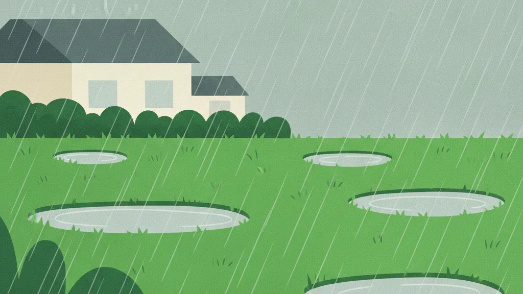 Heavy rain over a suburban front lawn, with water standing in puddles on the saturated grass.